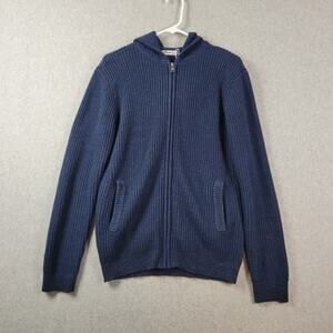 H2H Blue Knit LS Full Zip Hooded Sweater Men's Medium Pockets Stretch